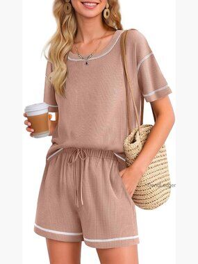 Waffle Knit Two Piece Lounge Set, Casual Shorts Set with Pocket